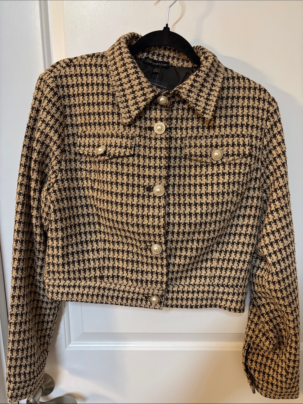 Shinestar Brown, Gold, & Tan Houndstooth Pearl-Button Cropped Jacket(L)Skort(XL)